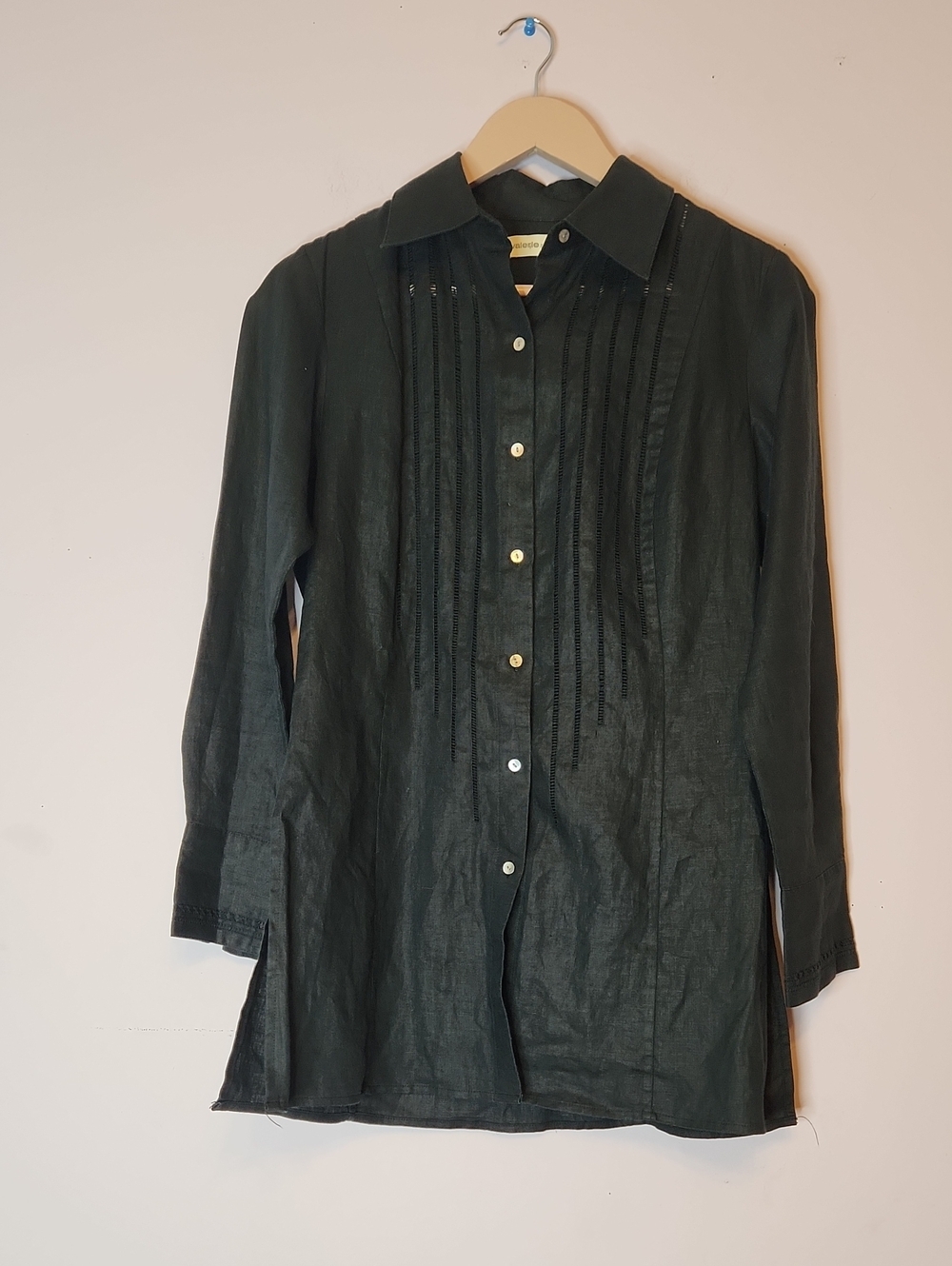 VALERIE SEPARATES Black Linen Blouse Distinctive Vertical Pin Tuck, size S